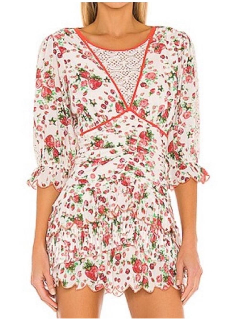 LoveShackFancy Floral Lace Trim Mini Dress in Cream and Rose
